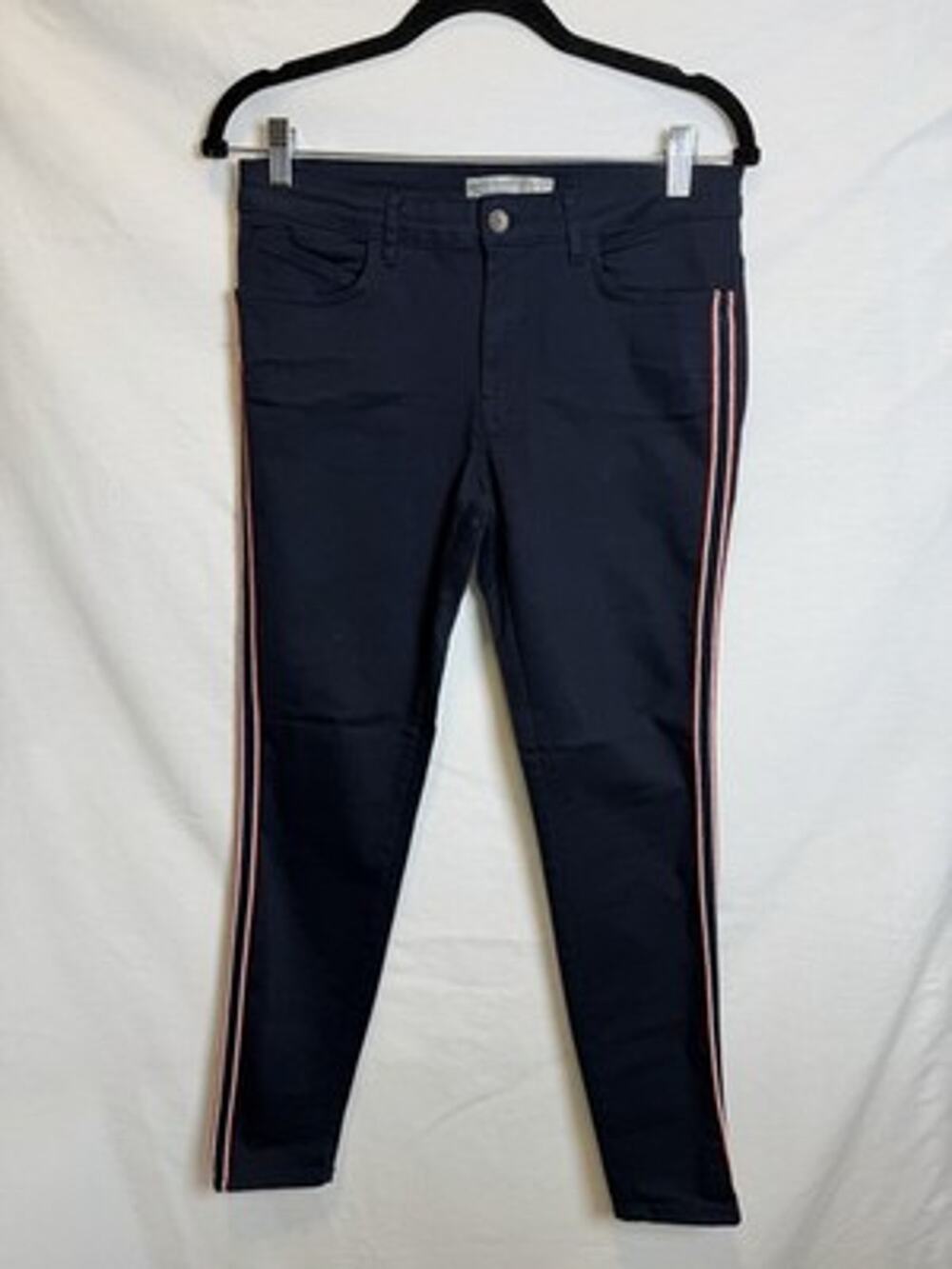 Zara Women Z1975 Navy Denim Jeans Pants Size 8 Red White Stripe Stretch Ankle